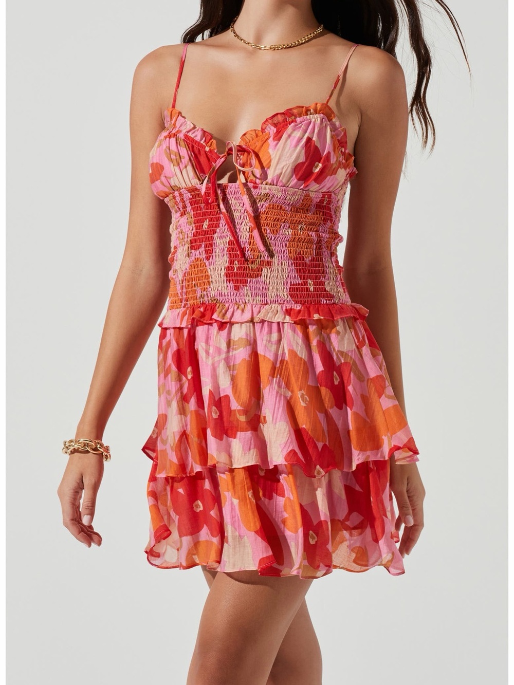 Floral Pink-Orange Tiered Mini Dress with Spaghetti Straps ASTR Blossom Smocked